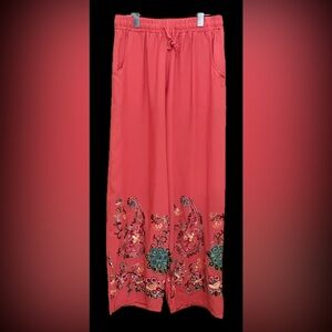 Bohemian embroidered coral Paisley Wide-Leg Pants